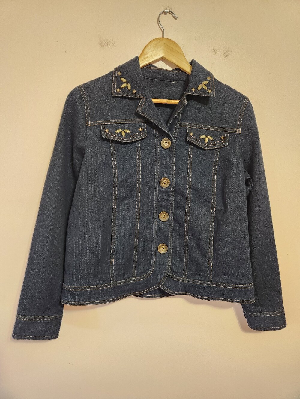 TanJay Y2K Dark Wash Embellished Rhinestone Studded Denim Jean Jacket Size L